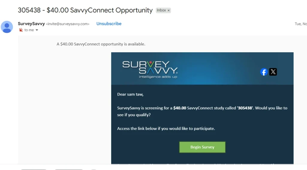 High paying survey invitation from SurveySavvy
