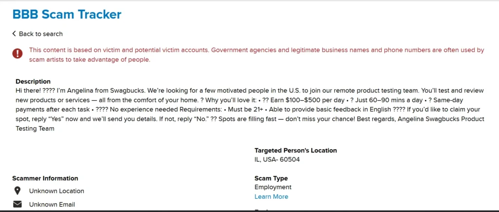 scam texts and emails where someone pretending to be Angelina from Swagbucks who recruit's product testers with promises of $100–$500 a day, 60–90 minutes of work, and same‑day payment.