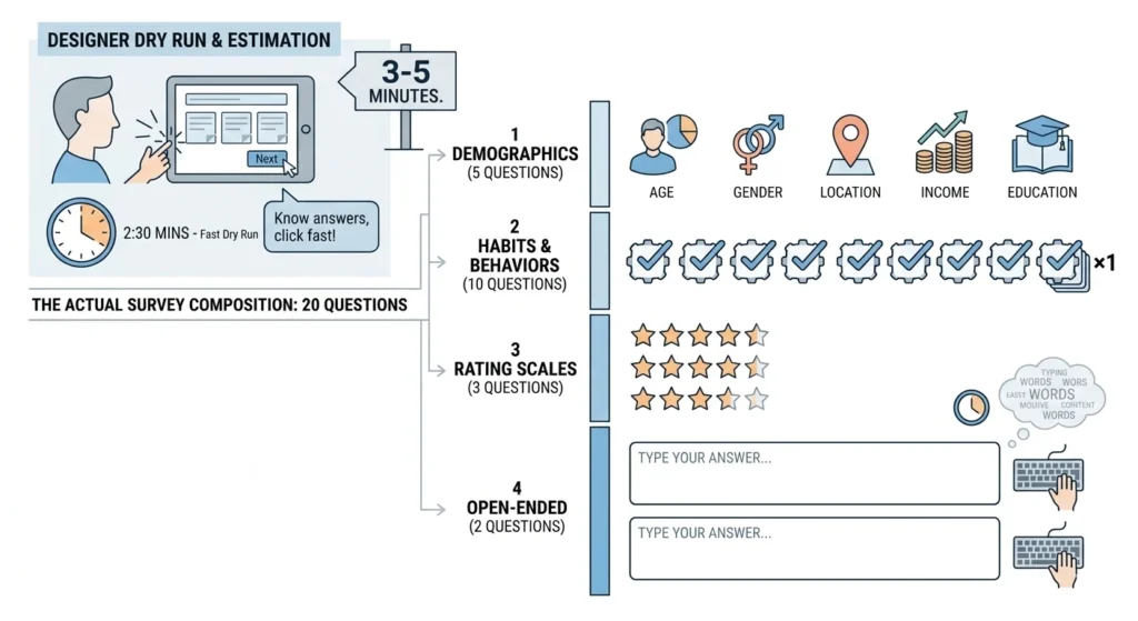 An infographic titled "Designer Dry Run & Estimation" illustrating the disconnect between a survey creator's time estimate and the actual content of a 20-question survey.