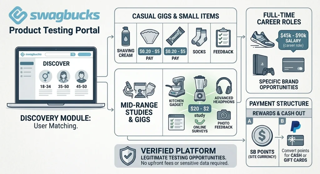 Infographic explaining Swagbucks product testing categories, pay scales from $0.20 to $200, and legitimate career paths.