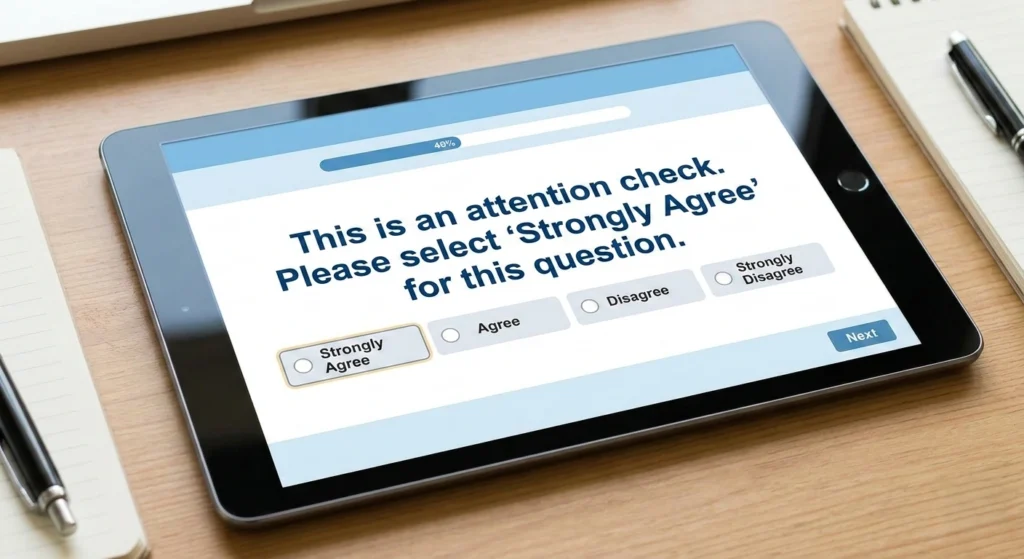 Tablet on a desk displaying an online survey attention check question that says, “This is an attention check. Please select ‘Strongly Agree’ for this question,” with multiple-choice options including Strongly Agree, Agree, Disagree, and Strongly Disagree.
