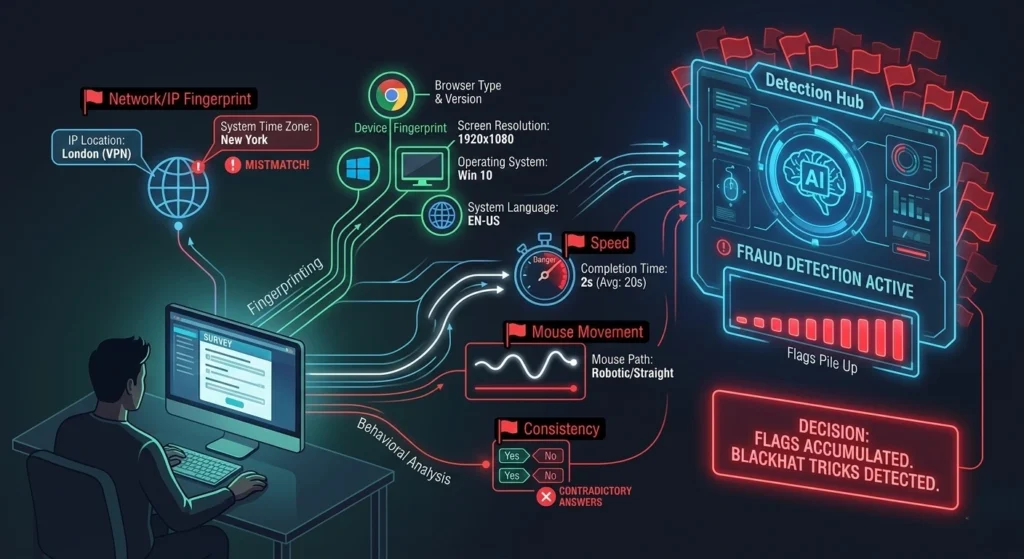 An infographic illustrating how survey platforms detect fraudulent activity. Lines stream from a user’s computer to an AI "Detection Hub," highlighting various red flags: an IP location (London VPN) mismatching the system time (New York), device fingerprinting (browser, OS, resolution), and behavioral analysis (robotic mouse movement, too-fast completion speed, and inconsistent answers). The hub concludes with a red alert stating "Decision: Flags Accumulated. Blackhat Tricks Detected."