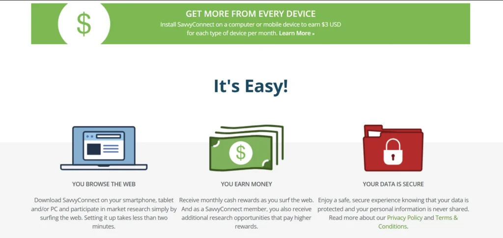 Savvyconnect installation dashboard where US users can earn $3 per month per device by installing the app.