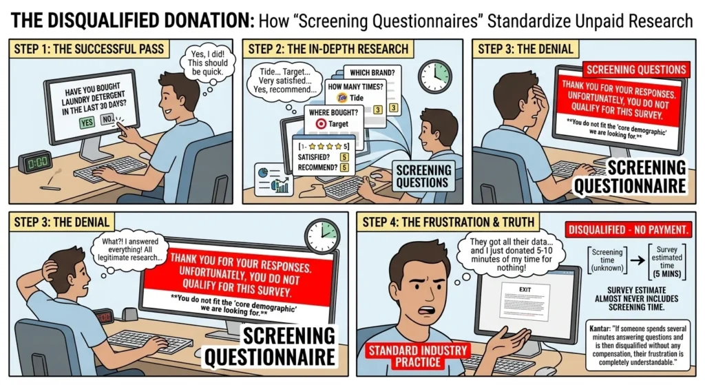 An educational comic-style infographic titled "THE DISQUALIFIED DONATION: How 'Screening Questionnaires' Standardize Unpaid Research," showing a user's progression from optimism to frustration during a survey.