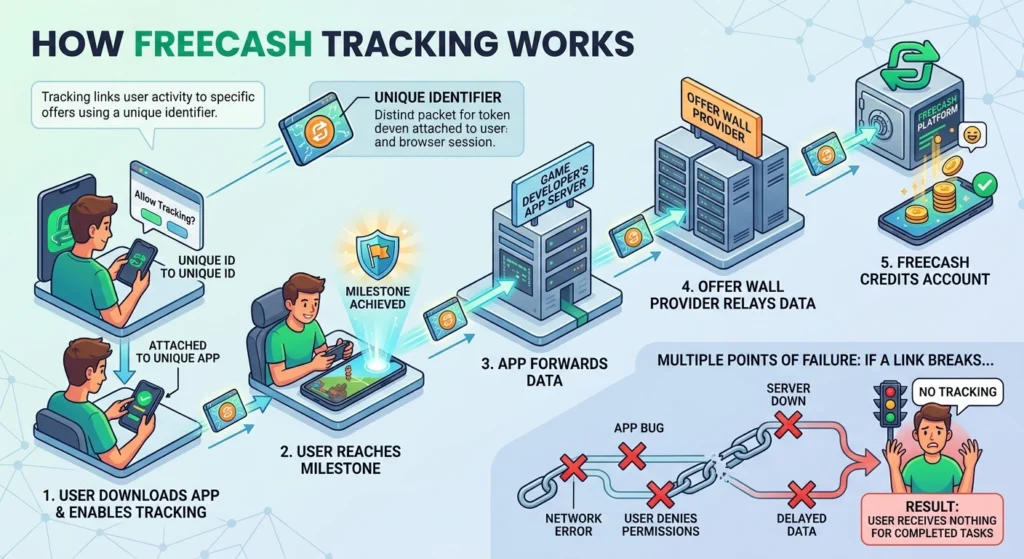 The images describes about the Freecash tracking process the platform attaches a unique identifier to the user's device or browser session. This identifier travels through a chain of parties: from Freecash to the offer wall provider, from the offer wall to the game developer, and back again.