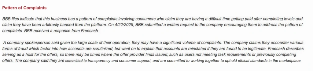 The image states about BBB Freecash profile, pattern of complaints data.