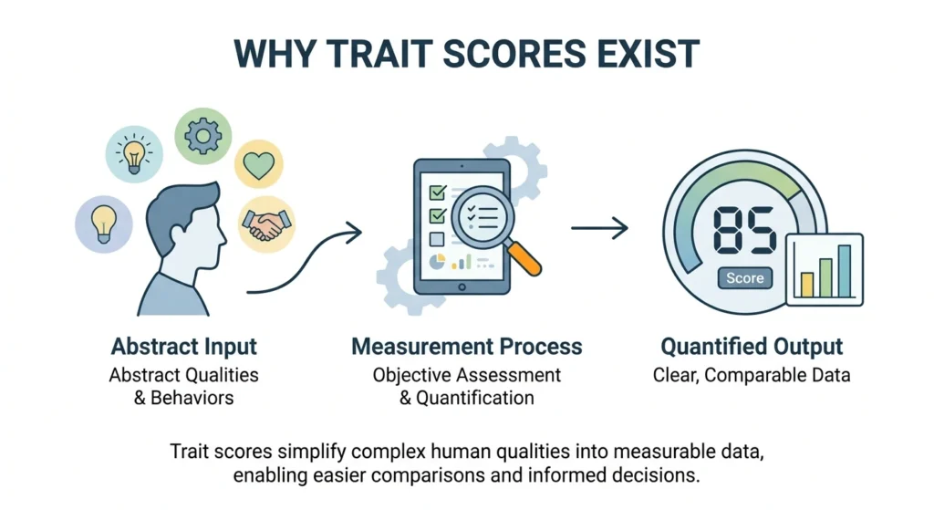 Diagram showing how trait scores convert personal traits and behaviors into measurable scores through an assessment process.
