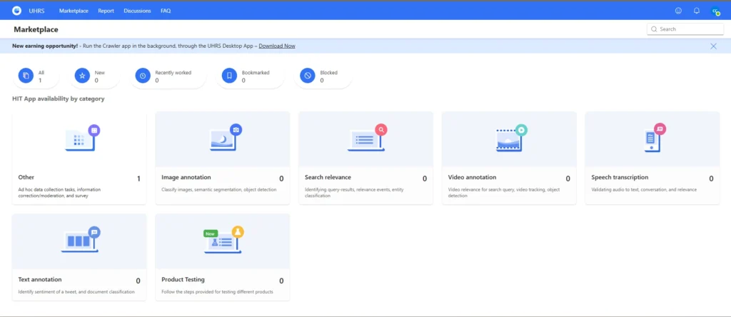 UHRS marketplace dashboard