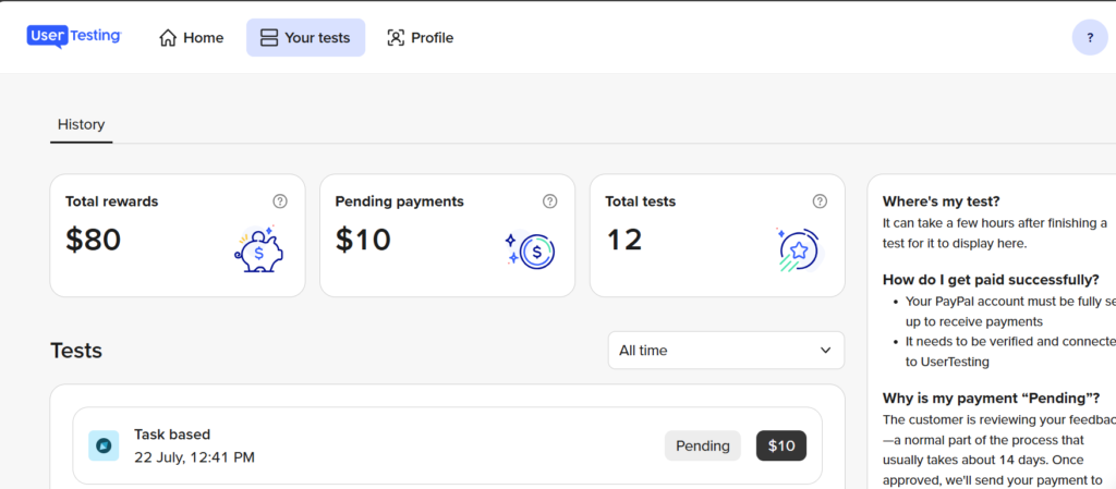 My user testing earnings dashboard