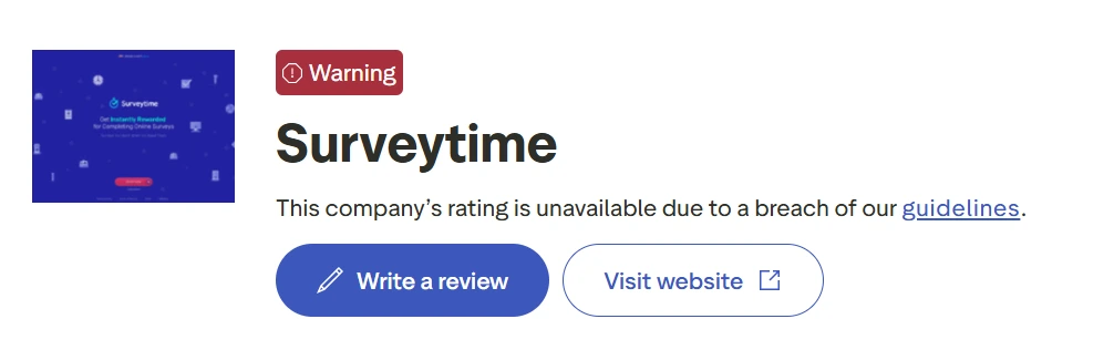 Surveytime Trustpilot profile showing warning due to a breach of guidelines
